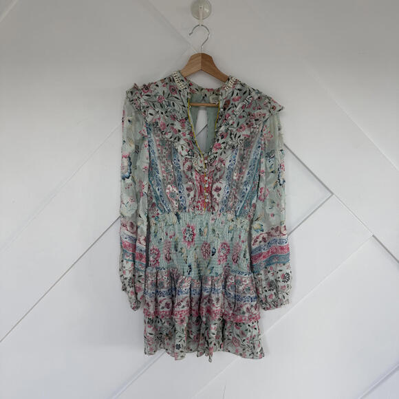 Hemant & Nandita Floral Print Vacation Mini Dress with Pearl Collar Fairy Dress - Picture 2 of 7